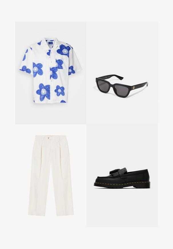 HUGO ELIGINO - Camicia - white; Pantaloni bianchi a gamba larga con pieghe sul davanti, chiusura a un bottone e tasche laterali. Texture liscia e design sartoriale.; Mocassino in pelle nera con nappine, cuciture gialle lungo la suola e una suola in gomma spessa e rigata.; Occhiali da sole rettangolari neri con finitura lucida, lenti scure e dettagli dorati sulla tempia che presentano il logo.