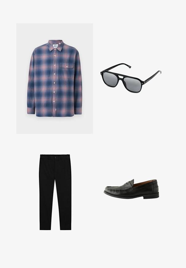 Dlouhá hedvábná košile s kostkovaným vzorem v modré a růžové barvě, vyrobená z měkké tkaniny. Obsahuje knoflíkový límec, přední kapsu a bílé knoflíky.; Bílé bavlněné tílka, bez rukávů, kulatý výstřih, hladká textilie, vyrobená z měkkého, lehkého materiálu. Zobrazeny dva kusy.; Černé kalhoty na míru s knoflíkovým zapínáním, poutky na opasek a úzkými rovnými nohavicemi, vystavené na bílém pozadí.; Černé kožené mokasíny s hladkým povrchem, zaoblenou špičkou, ručně šitými detaily a nízkou gumovou podešví. Klasický a univerzální design.; Černé sluneční brýle s obdélníkovými rámy, šedými tónovanými skly a designem s výřezem ve střední části. Hladký, lesklý plastový materiál, s úzkými stranami.