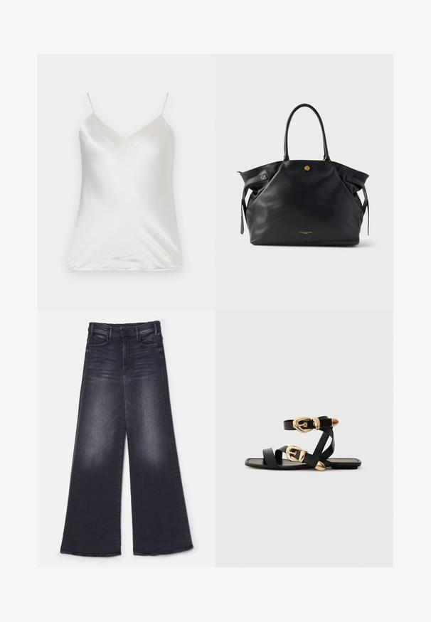 Paul & Joe VBOTANIC - Bluse - ecru; Mother THE HUSTLER ROLLER SNEAK - Wide Leg - not today satan; Schwarze Ledersandalen mit goldenen Schnallenakzenten, die mehrere Riemen und ein flaches Sohlendesign für das Tragen mit offenen Zehen bieten.; Schwarze Leder-Shopper-Tasche mit strukturierter Oberfläche, goldfarbenen Beschlägen und zwei abgerundeten Griffen. Verfügt über einen sicheren Verschluss und ein dezentes Branding.