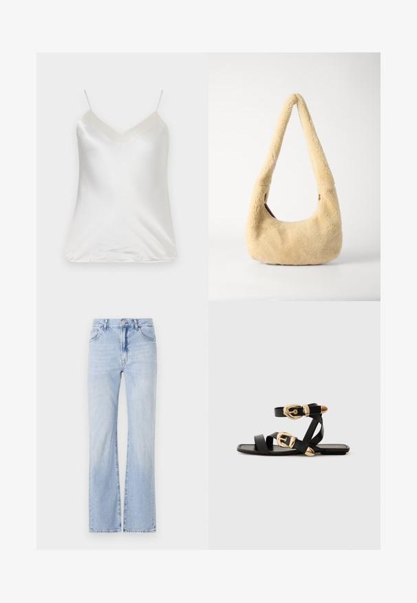 Paul & Joe VBOTANIC - Blouse - ecru; Jean flare en denim bleu clair avec design à cinq poches, passants de ceinture et fermeture à bouton. Texture douce avec un léger dégradé.; Sandales en cuir noir avec des accents de boucles dorées, présentant plusieurs brides et un design de semelle plate pour un port ouvert.; Sac à épaule en shearling beige avec une poignée incurvée et une forme arrondie. La texture est douce et pelucheuse, avec des accents matériels minimaux.