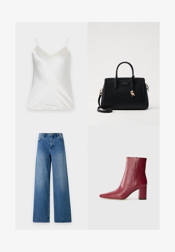 Paul & Joe VBOTANIC - Blouse - ecru; Wide-leg jeans made of blue denim. Features a high waist, five pockets, and a front button closure. Smooth texture with light fading.; Burgundy leather ankle boot with a pointed toe, block heel, and smooth texture, featuring a seamless design without visible hardware.; Black leather handbag with structured design, dual top handles, detachable shoulder strap, gold hardware, and a logo charm accent.