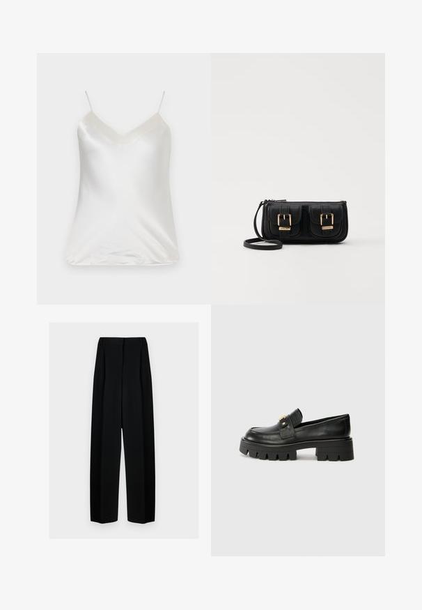 Paul & Joe VBOTANIC - Bluse - ecru; Svart vide bukser med høy livhøyde, med folder og en glatt tekstur. Stoffet virker lett og faller elegant.; Sorte skinnloafers med en kraftig såle, med en gulltoneakcent foran og en jevn finish. Kraftig mønsterdesign på sålen.; Svart skinn crossbody veske med to frontlommer, gyldne spenner, glidelåslukking og en slank stropp. Teksturert overflate og kompakt rektangulær form.