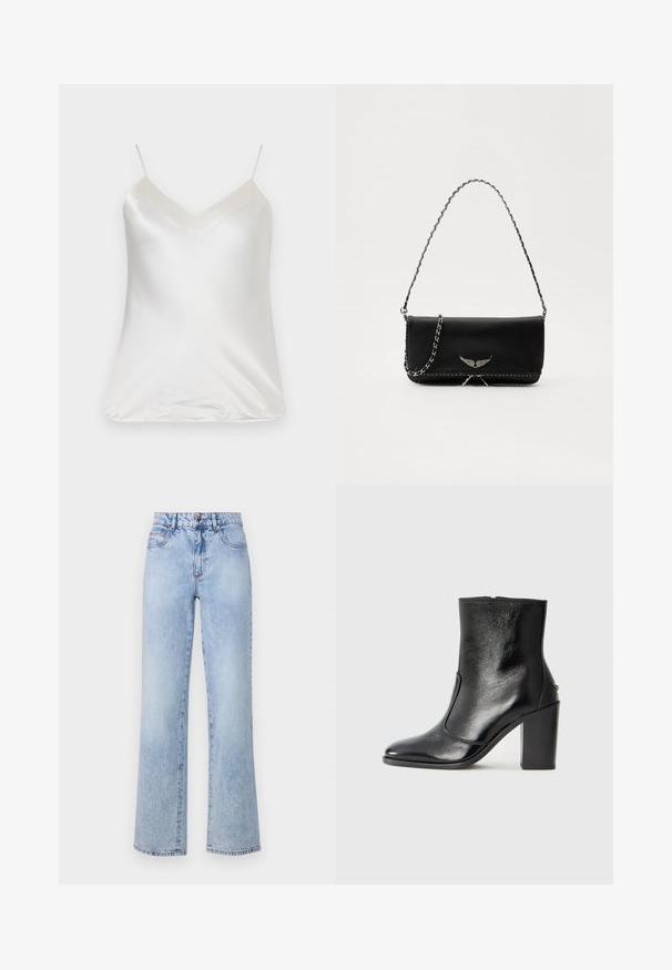 Paul & Joe VBOTANIC - Bluse - ecru; Hellblaue High-Waist-Jeans mit geradem Bein, ausgestattet mit einem verblassten Denimteffekt, roten Nähakzenten und einem klassischen Fünf-Taschen-Design.; Schwarze Leder-Stiefelette mit glatter Textur, spitzem Fuß und klobigem hohen Absatz. Verfügt über eine seitliche Öffnung und ein minimalistisches Design.; Schwarze Lederhandtasche mit einem silbernen Kettenriemen, verziert mit dekorativen Flügelakzenten und weißen Nähten entlang der unteren Naht.