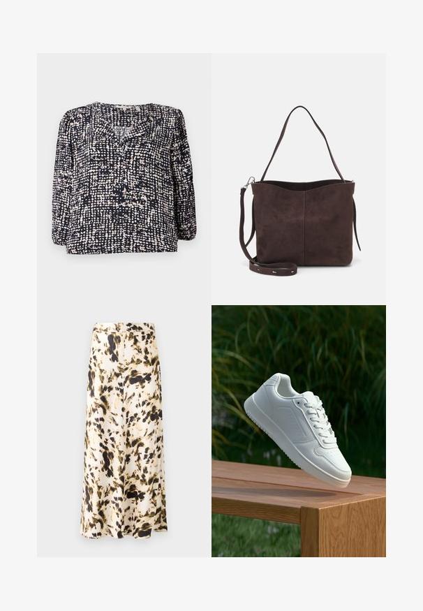 Marinebluse mit einem strukturierten, gepunkteten Muster in Creme und Beige, mit V-Ausschnitt und langen Puffärmeln. Aus leichtem Stoff gefertigt.; Ein knielanger Rock aus einem leichten Stoff mit einem beige-, braun- und grünfarbigen abstrakten Muster. Verfügt über einen enganliegenden Taillenbund und ein fließendes Design.; Weiße Sneaker mit einem glatten, synthetischen Obermaterial, perforierter Zehenbox, flachen Schnürsenkeln und einer strukturierten Sohle, präsentiert auf einer Holzoberfläche.; Braune Wildleder-Tasche mit weicher Textur, ausgestattet mit einem einzelnen Schulterriemen und einer dezenten, gewölbten Öffnung an der Oberseite. Keine sichtbaren Beschläge.