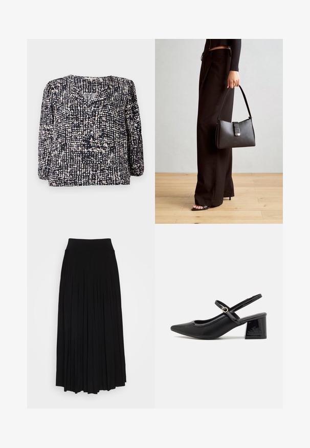 Tumed blouse, millede tekstuuri ja täppidena koore- ja beeži värvuses, V-kaeluse ja pikkade puhvritega varrukatega. Valmistatud kergest kangast.; Must mustriga seelik kõrge ja veniva vöökohaga. Valmistatud pehmest kangast, millel on vertikaalsed volangid voolava silueti saavutamiseks.; Mustad läikivad nahast slingback-kõrged kontsad, millel on terav nina, ümar lõikekujundus ja blokknina. Omab kuldset nupu aktsenti.; Must musta kott, millel on struktureeritud kuju, sile tekstuur ja metallist klamber. Kombineeritud laiate mustade pükstega ja avatud varvaste sandaalidega puidust põrandal.