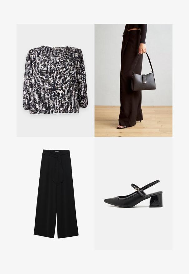 Námornícka blúzka s textúrovaným bodkovaným vzorom v krémovej a béžovej farbe, s výstrihom do V a dlhými puffovými rukávmi. Vyrobená z ľahkej tkaniny.; Čierne široké nohavice s textúrovanou tkaninou, elastickým pásom a odnímateľným viazaním na páse pre nastaviteľné priliehanie.; Čierne lakované kožené lodičky so slingback dizajnom, špicatou špičkou, zaobleným výrezom a blokovým podpätkom. Obsahuje akcent zlatého tónu s prackou.; Čierna kabelka so štruktúrovaným tvarom, hladkou textúrou a kovovou sponou. V kombinácii so širokými čiernymi nohavicami a sandálmi s otvorenou špičkou na drevenej podlahe.