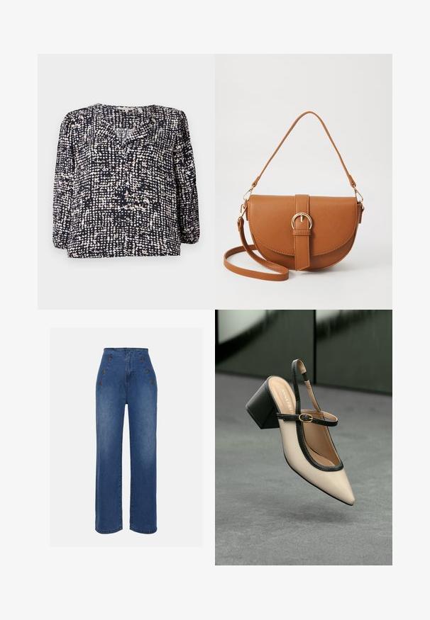 Navy blouse with a textured, dotted pattern in cream and beige, featuring a V-neck and long puffed sleeves. Made of lightweight fabric.; High-waisted denim jeans in medium blue. Features front button accents and wide-leg design. Fabric has a smooth texture with slight fading.; Beige pointed-toe slingback shoe with black trim, gold buckle, and a chunky block heel on gray floor with dark green background.; Brown leather crossbody bag with a curved shape, gold hardware, and a buckle accent. Features a detachable shoulder strap.