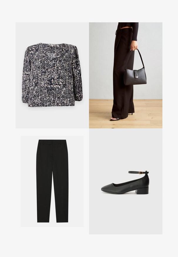 Tumed blouse, millede tekstuuri ja täppidena koore- ja beeži värvuses, V-kaeluse ja pikkade puhvritega varrukatega. Valmistatud kergest kangast.; Mustad püksid, millel on kohandatud disain, küljetaskud ja sirge sääreosa. Valmistatud sileda, kerge kangaga, millel on peen viimistlus.; Must mustaapp, millel on terav nina ja madal blokk-kand. Omab pahkluu rihma koos kuldse tooni pandlaga. Sile tekstuur.; Must musta kott, millel on struktureeritud kuju, sile tekstuur ja metallist klamber. Kombineeritud laiate mustade pükstega ja avatud varvaste sandaalidega puidust põrandal.