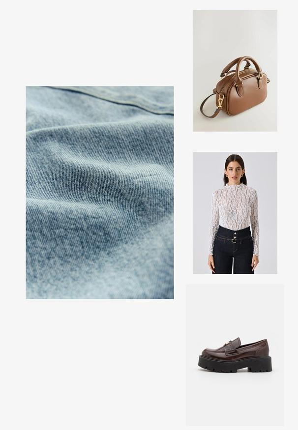 Witte kanten top met lange mouwen en hoge hals, versierd met bloemmotieven en een ingewikkelde textuur, gecombineerd met high-waisted donkerdenim jeans.; Lichtblau denim stof met een subtiele textuur en zichtbaar weefpatroon, met lichte variaties in kleur en zachtheid.; Madden Girl CALISTA - Instappers - brown; Next BOWLER CHARM - Handtas - tan brown