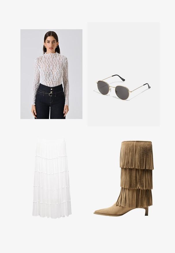 Top lungo bianco in pizzo con maniche a sbuffo e collo alto, caratterizzato da motivi floreali e una trama intricata, abbinato a jeans in denim scuro a vita alta.; Gonna bianca a strati realizzata in tessuto leggero, con una cintura elastica, strati arricciati e un design fluido che arriva fino a metà polpaccio.; Stivale alla caviglia in suede color ocra con tre strati di frange. Punta affusolata e tacco basso a blocco. Texture liscia su tutta la superficie.; Occhiali da sole rotondi con lenti scure, montatura in metallo dorato sottile, estremità in plastica e poggiatopti regolabili. Design minimalista con un aspetto classico.; Borsa intrecciata beige con un design testurizzato, dotata di un interno in raso ondulato e dettagli frangiati, completata da due manici intrecciati.