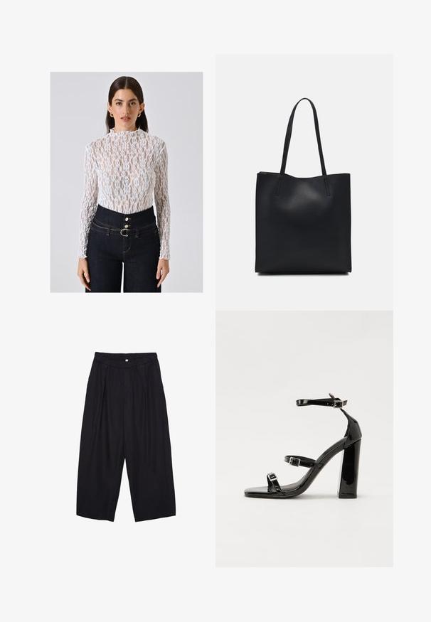 Top lungo bianco in pizzo con maniche a sbuffo e collo alto, caratterizzato da motivi floreali e una trama intricata, abbinato a jeans in denim scuro a vita alta.; Pantaloni culotte neri in poliestere con una cintura elastica, due pieghe frontali e una silhouette ampia. Nessun motivo visibile o dettagli in metallo.; Sandali con tacco in vernice nera, con punta squadrata, cinturini alla caviglia e fibbie in argento. Presentano un tacco a blocco spesso per maggiore stabilità.; Borsa tote in pelle nera con texture liscia, forma rettangolare e due manici lunghi. Nessun hardware o decorazione visibile.