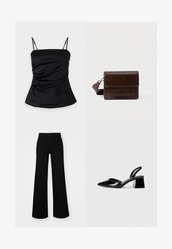 Fekete selymes trikó állítható pántokkal, drapált kialakítással és bővülő aljjal. Simább textúra, látható minták nélkül.; Fekete, bő szárú farmernadrág, amelynek állítható derékrésze van, övhurkokkal és elülső zsebekkel. Simaság jellemzi, klasszikus dizájnnal.; Fekete lakk bőr szandálkés magas sarkú cipő, hegyes orral és geometrikus tömbsarkakkal. Karcsú, minimalista dizájn és sima textúra jellemzi.; Barna bőr keresztpántos táska texturált felülettel, fedéllel záródik, állítható pánttal és elülső zsebbel. Kompakt, téglalap alakú forma.