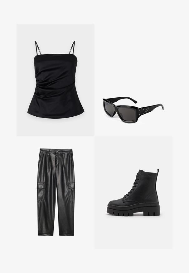 Juodas satininis camisole su reguliuojamomis virvutėmis, turintis drapiruotą dizainą ir platėjantį apačią. Sklandus paviršius be matomų raštų.; Juodos dirbtinės odos cargo kelnės su aukštu juosmeniu, dviem šoninėmis kišenėmis ir dviem sagstomomis cargo kišenėmis ant šlaunų. Lygus paviršius ir pritaikyta dizaino forma.; Even&Odd Wide Fit Aulinukai su platforma - black; Juodos saulės akiniai su stačiakampiu rėmu, tamsiais objektyvais ir trikampiais akcentais šonuose. Glotni plastiko tekstūra, modernus dizainas.