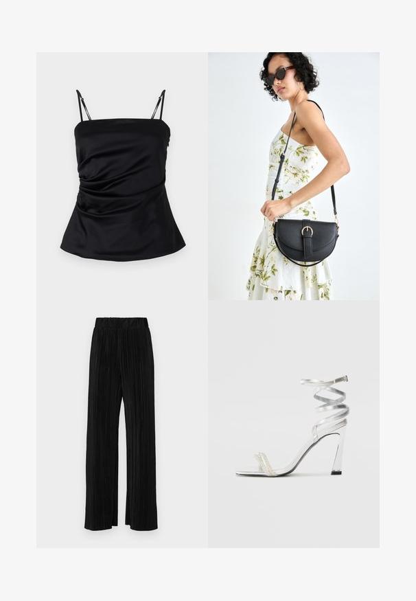 Fekete selymes trikó állítható pántokkal, drapált kialakítással és bővülő aljjal. Simább textúra, látható minták nélkül.; Fekete pliszírozott nadrág gumis derekkal. Széles lábakkal rendelkezik, sima, texturált anyagból készült, függőleges csíkokkal.; Ezüst színű, magas sarkú szandál, csillogó pánt dizájnnal, gyöngyszerű díszítéssel és spirális bokapánttal a biztos illeszkedés érdekében.; Fekete bőrtáska ívelt formával, levehető pánttal és arany színű fémrészekkel. A táskán egy csattal díszített fedél található.