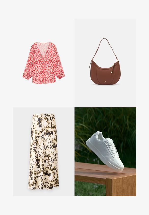 Blusa ligera de manga larga con escote en V, confeccionada en tela rosa y con un patrón de formas de corazones rojos y rosa pálido en toda la prenda.; Una falda a la altura de la rodilla en un tejido ligero con un patrón abstracto en beige, marrón y verde. Presenta una cinturilla ajustada y un diseño fluido.; Zapatilla blanca con un upper sintético suave, caja de dedos perforada, cordones planos y una suela texturizada, exhibida sobre una superficie de madera.; Bolso de hombro de imitación cuero marrón con forma curva, costura mínima y un acento de hardware en tono dorado. Presenta un cierre de cremallera en la parte superior y una correa ajustable.