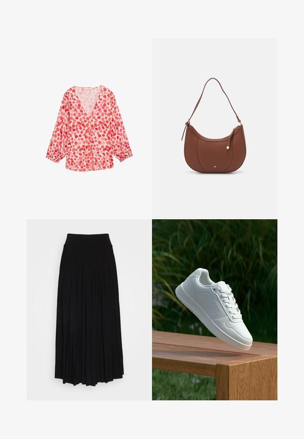 Viegls, garām piedurknēm, blūze ar V veida kakla izgriezumu, rozā audums ar sarkaniem un gaiši rozā sirds formas rakstiem visā virsmā.; Melna plisētā svārku ar augstu, izstiepjamu jostasvietu. Izgatavoti no mīksta auduma, ar vertikālām plisēm, kas rada plūstošu siluetu.; Baltie sporta apavi ar gludu sintētisku augšpusi, perforētu pirkstu daļu, plakani šņorēm un rakstainu zoli, novietoti uz koka virsmas.; Brūns mākslīgās ādas pleca soma ar izliekta forma, minimāls šuvums un zelta toņa aparatūras akcenti. Aprīkota ar augšējo rāvējslēdzēju un regulējamu siksnu.