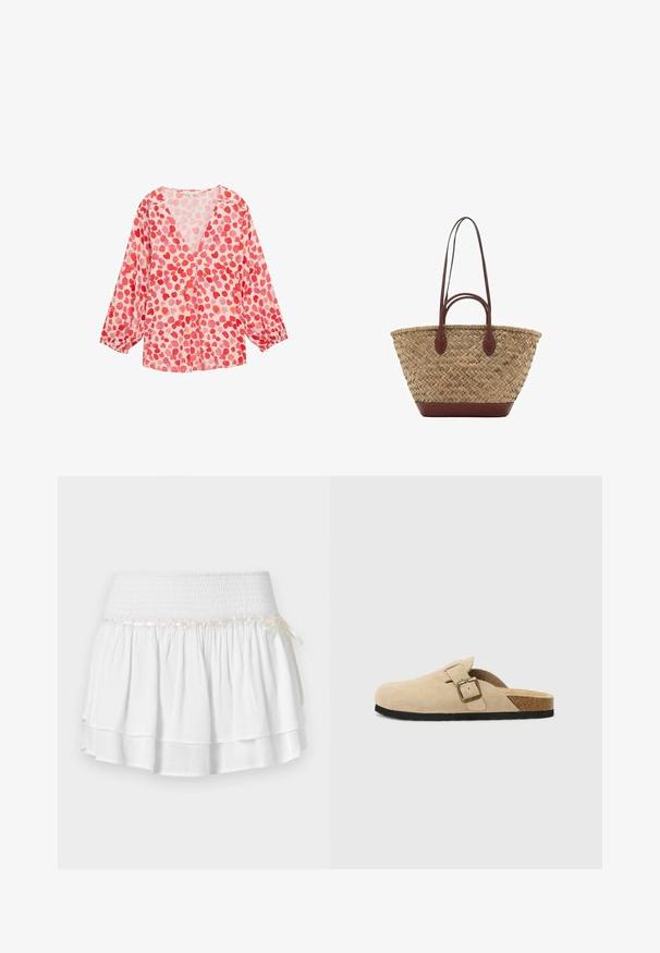 Let design, langærmet bluse med V-hals, fremstillet i lyserødt stof og med et mønster af røde og lyserøde hjerteformer over det hele.; Hvid tiered nederdel med elastisk talje, der har en tekstureret smocking-detalje og en dekorativ båndaccent. Lavet af bomuldsstof.; Beige ruskinds-sandaler med korkfodseng, rund tå og en enkel rem med en guldfarvet spænde. Gummisål for godt greb.; Vævet strå tote taske med flettet tekstur, mørkebrune læderhåndtag og bund, bred cirkulær form og åben topdesign.