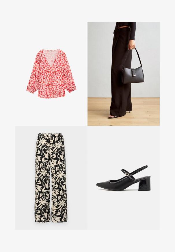 Ľahká blúzka s dlhým rukávom a výstrihom do V, vyrobená z ružovej látky s vzorom červených a svetloružových srdiečok po celom povrchu.; Čierne nohavice s širokými nohavicami a krémovým kvetinovým vzorom. Vyrobené z ľahkej látky, s hladkou textúrou a vysokým pásom.; Čierne lakované kožené lodičky so slingback dizajnom, špicatou špičkou, zaobleným výrezom a blokovým podpätkom. Obsahuje akcent zlatého tónu s prackou.; Čierna kabelka so štruktúrovaným tvarom, hladkou textúrou a kovovou sponou. V kombinácii so širokými čiernymi nohavicami a sandálmi s otvorenou špičkou na drevenej podlahe.