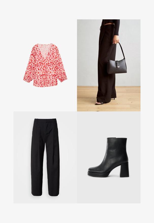 Lagani bluzon s dugim rukavima s V-izrezom, izrađen od ružičaste tkanine s uzorkom crvenih i svijetlo ružičastih srca.; Crne hlače s opuštenim krojem, nabranim prednjim dijelom i petljama za remen. Glatka tkanina i ravne nogavice, s bočnim džepovima.; Crna kožna čizma do gležnja s blok petom i platformom, prikazana s bočne strane na jednostavnoj bijeloj pozadini.; Crna torba s oblikom koji sadrži strukturu, glađu teksturu i metalnu kopču. Uparena s širokim crnim hlačama i sandalama na otvorenom s drvenog poda.