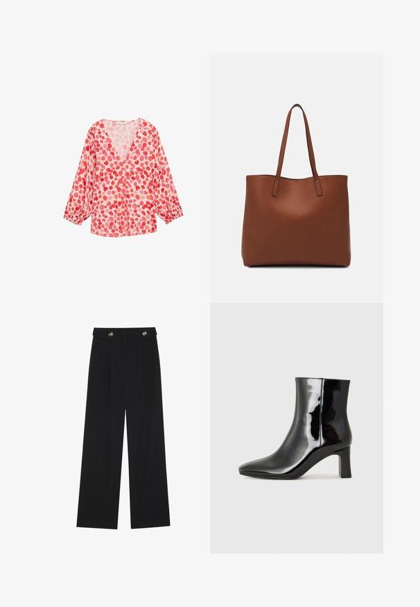 Viegls, garām piedurknēm, blūze ar V veida kakla izgriezumu, rozā audums ar sarkaniem un gaiši rozā sirds formas rakstiem visā virsmā.; Melnas platās bikses ar augstu jostasvietu, pogu detaļām uz jostas un priekšējām krokām.; Melnas patentētas ādas potīšu zābaki ar norādītu pirkstu un vidēja augstuma kvadrātveida papēdi. Gluda tekstūra un minimālisma dizains.; Brūna ādas iepirkumu soma ar gludu tekstūru, atvērta augšdaļa un divas plecu siksnas. Izceļas ar minimālām šuvēm un redzamu aparatūru nav.