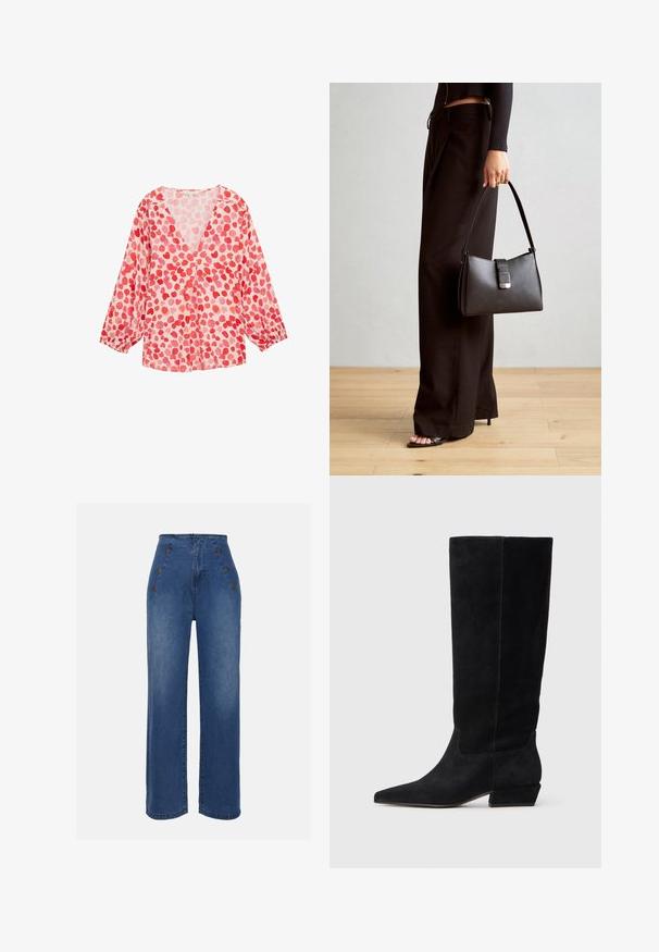 Viegls, garām piedurknēm, blūze ar V veida kakla izgriezumu, rozā audums ar sarkaniem un gaiši rozā sirds formas rakstiem visā virsmā.; Augstas jostas denima bikses vidēji zilā krāsā. Iespējas ir priekšējie pogu akcenti un plata kāju dizains. Audumam ir gluda tekstūra ar nelielu nodilumu.; Melnas zamšādas zābaki līdz ceļam ar smailu purngalu un zemu bloku papēdi, ar gludu tekstūru un minimālu šuvju izsmalcinātību.; Melnā somiņa ar strukturētu formu, gludu tekstūru un metālu sprādzi. Saskaņota ar platām melnām biksēm un sandālēm ar atvērtu purngalu uz koka grīdas.