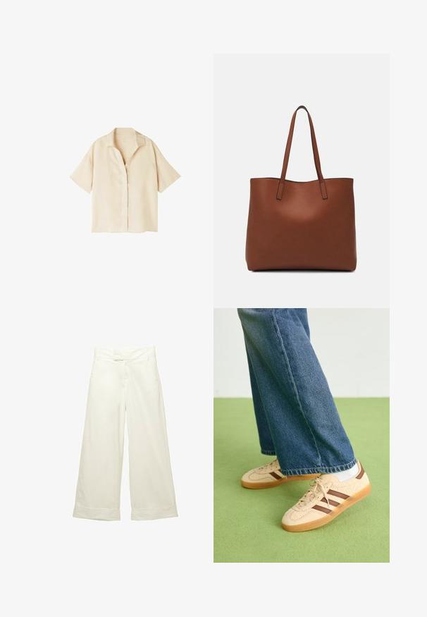 Light beige short-sleeve shirt made of linen. Features a collar and a button-down front, with a relaxed fit and smooth texture.; Wide-leg trousers in soft, cream fabric. Features a flat front waistband and rolled cuffs. Smooth texture with a clean, minimalist design.; Beige sneakers with textured cream panels and brown stripes, paired with blue denim jeans. The jeans have a wide leg and frayed hem.; Brown leather tote bag with a smooth texture, open top design, and two shoulder straps. Features minimal stitching and no visible hardware.