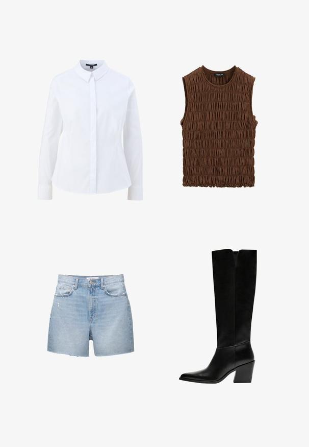 Wit, knoopshirt met een klassieke kraag, lange mouwen en een getailleerde pasvorm. Gemaakt van een gladde stof met een schone, frisse uitstraling.; Bruine zonder mouwen top van gepofte stof. Kenmerkt zich door een ronde halslijn en een gestructureerd oppervlak, met een iets elastische onderrand.; Lichtblauwe denimshorts met rafelige zomen, vijf zakken en een knoopsluiting. De stof heeft een vervaagde was en lichte slijtage.; Zwarte laarzen tot de knie van soepel leer, met een puntige neus, een blokhak en een V-vormige uitsparing aan de bovenkant.