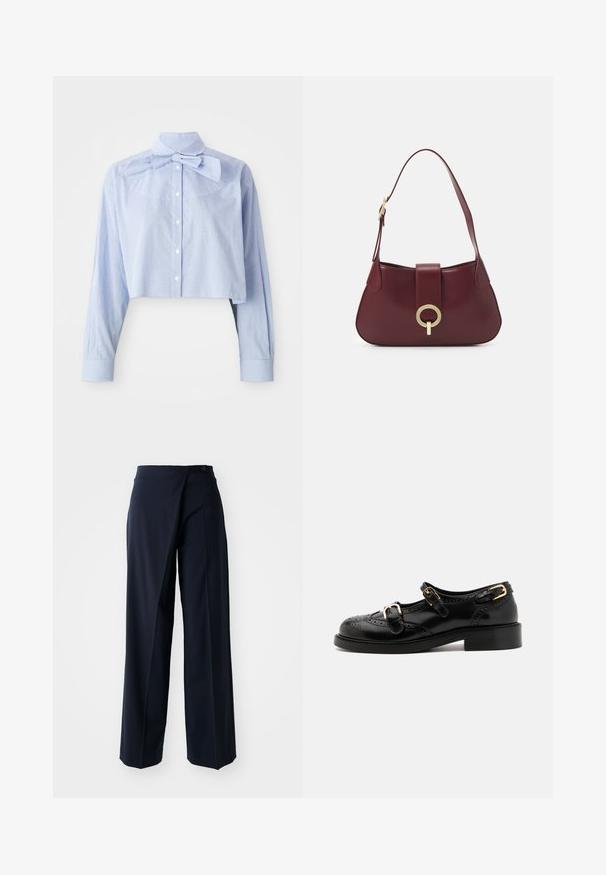 Lyseblå og hvid lille ternet cropped skjorte med lange ærmer, knaplukning foran, høj krave og stort sløjfedetalje.; Mørkeblå brede bukser med en omslagdesign, glat stof, høj talje og en enkelt knaplukning foran.; Sorte lædersko med brogue-detaljer, der har to spænder, rund tå og lav hæl. Glat tekstur med blank finish.; Bordeaux læderhåndtaske med en kurvet form, et gyldent cirkulært hardware-accents og en enkelt skulderrem. Glat tekstur, minimalistisk design.