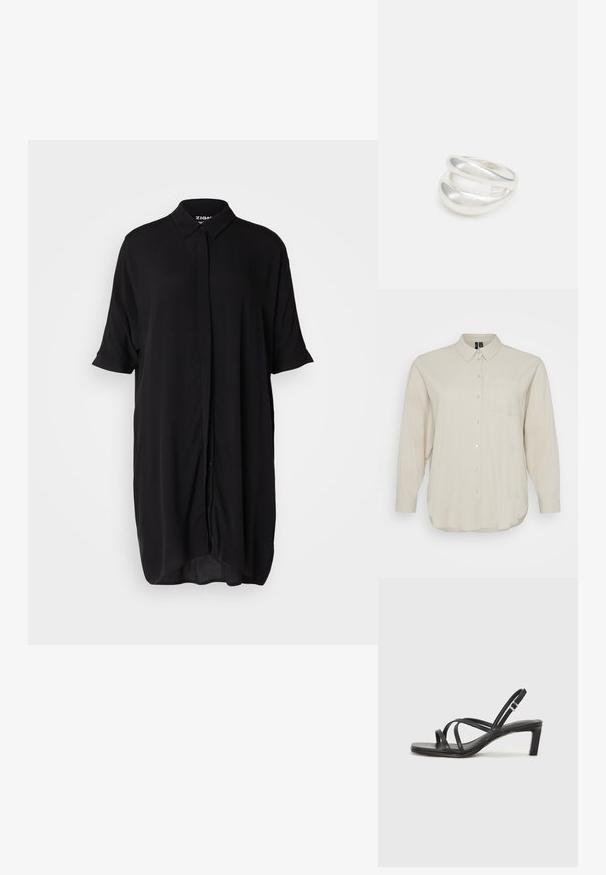Chemise à manches longues beige clair en tissu doux, avec un devant à boutons, un col classique et une poche poitrine unique. Texture lisse.; Robe chemise noire à manches courtes en tissu léger. Elle présente un col, une fermeture boutonnée à l'avant et une silhouette ample et allongée.; Sandale noire à lanières avec un bout carré et un petit talon bloc. Elle présente plusieurs fines lanières et une sangle de cheville ajustable. Fabriquée en cuir lisse.; Sac bandoulière en cuir noir avec une texture lisse, de forme rectangulaire et un détail en chaîne métallique à l'avant. Sangle réglable incluse.; Bague en argent à double bande avec une surface lisse et polie. Présente un design fluide et courbé avec des sections qui se chevauchent pour un look moderne.