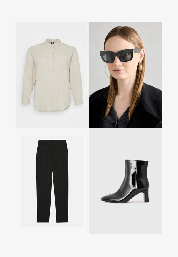 Light beige long-sleeve shirt made of soft fabric, featuring a button-up front, classic collar, and a single chest pocket. Smooth texture.; Black trousers with a tailored design, featuring side pockets and a straight leg. Made from smooth, lightweight fabric with a sleek finish.; Black patent leather ankle boot with a pointed toe and a mid-height block heel. Smooth texture and minimalist design.; Black cat-eye sunglasses with dark lenses, thick frames, and subtle accents. Worn with a black coat and gray top, featuring long straight hair.; Black leather crossbody bag with a flat shape, gold hardware accents, and an adjustable strap. Smooth texture with minimal stitching details.