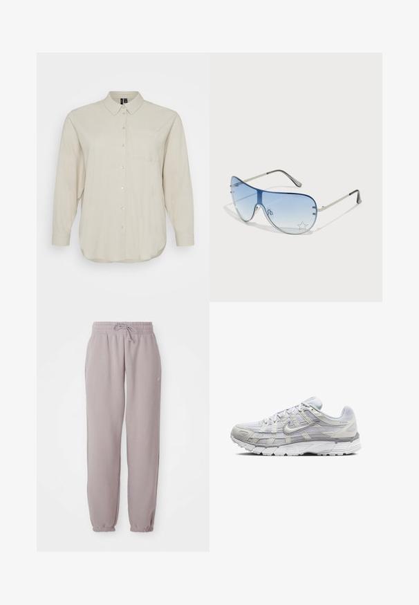 Jasno beżowa koszula z długim rękawem wykonana z miękkiego materiału, z zapięciem na guziki z przodu, klasycznym kołnierzykiem oraz jedną kieszenią na piersi. Gładka faktura.; Jasnofioletowe dresowe spodnie z polaru z elastycznym pasem, sznurkiem, bocznymi kieszeniami i elastycznymi mankietami, zaprezentowane na płasko na białym tle.; Jasnoszare buty sportowe z siateczkowym i syntetycznym wierzchem, wyposażone w sznurowanie, wyściełany kołnierz oraz teksturowaną podeszwę zapewniającą przyczepność.; Okulary przeciwsłoneczne typu aviator z gradientowymi niebieskimi szkłami, srebrną metalową oprawą oraz dekoracyjnymi akcentami w kształcie gwiazdek na soczewkach. Gładki i elegancki design.