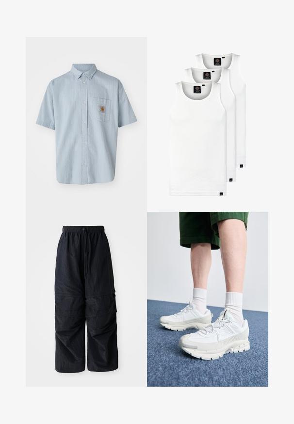 Chemise à manches courtes bleu clair à boutons avec un motif texturé, une poche poitrine unique et un logo Carhartt carré en patch sur la poche.; Trois débardeurs blancs côtelés en coton. Présentent un col rond et de petites étiquettes noires près de l'ourlet. Disponibles en plusieurs tailles.; Pantalons cargo légers en nylon noir avec une taille élastique, un cordon de serrage ajustable et plusieurs poches superposées sur les jambes.; Des chaussures de sport blanches avec des superpositions texturées, une semelle épaisse et des accents gris. Portées avec des chaussettes blanches et des shorts verts sur une surface bleue.