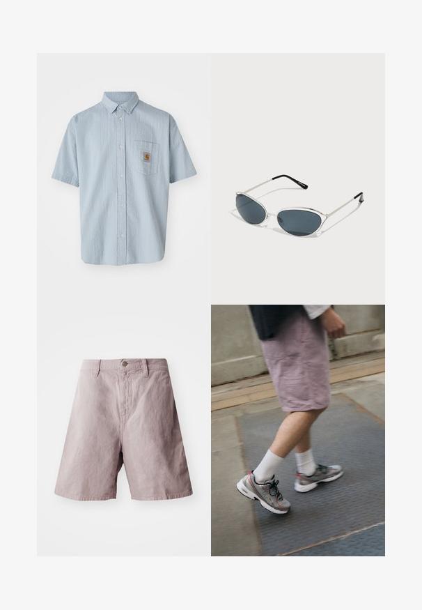 Camicia azzurro chiaro a maniche corte con bottoni, con un motivo testurizzato, taschino sul petto e una patch quadrata del logo Carhartt sulla tasca.; T-shirt bianca a maniche lunghe realizzata in cotone. Design con collo rotondo, polsini a costine e un piccolo logo sulla manica sinistra. Texture liscia.; Shorts di cotone viola chiaro con vita piatta, chiusura con bottone frontale e tasche laterali. Texture liscia con una vestibilità rilassata.; Scarpe sportive grigie con dettagli rossi, dotate di una tomaia in rete e suola ammortizzata, indossate con calze bianche e pantaloni corti rosa chiaro.; Occhiali da sole con montatura metallica argento, forma cat-eye, lenti scure e punte nere sulle aste. Design pulito e minimalista.