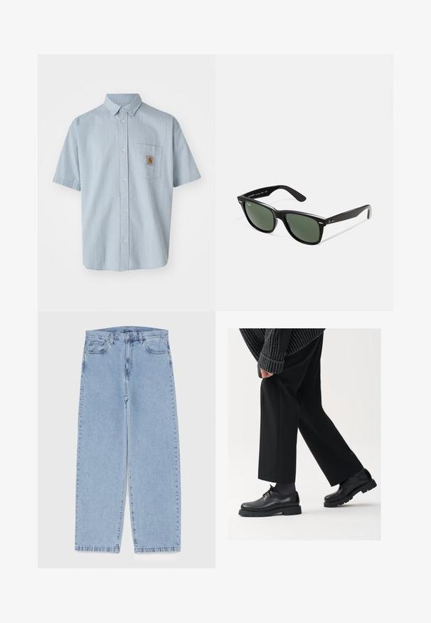 Helles blaues kurzärmeliges Hemd mit Knöpfen, strukturiertem Muster, einer einzelnen Brusttasche und einem quadratischen Carhartt-Logo-Patch auf der Tasche.; Hellblaue Jeans aus Denim mit geradem Bein, ausgestattet mit einer mittelhohen Taille, fünf Taschen sowie einem Knopf- und Reißverschluss.; Schwarze Lederschuhe mit einer runden Spitze, Schnürdesign und dicker, strukturierter Sohle. Getragen mit maßgeschneiderten schwarzen Hosen und einem gerippten Pullover.; Schwarze Plastiksonnenbrille mit grünen Gläsern, quadratischen Rahmen, silbernem Akzent auf der Augenbraue und strukturierten Bügeln. Angegebene Marke auf dem inneren Bügel.; Quarz-Uhr mit einem silbernen Edelstahlarmband, rundem schwarzen Zifferblatt, weißen Stundenmarkierungen und einem Datumsanzeige bei 3 Uhr. Wasserdicht bis 50 m.