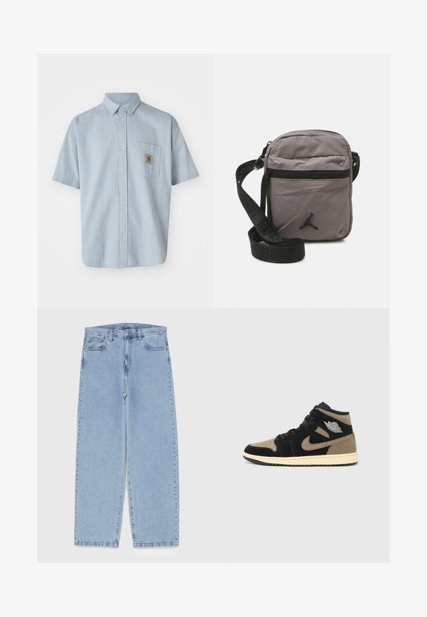 Light blue short-sleeve button-up shirt with a textured pattern, single chest pocket, and a square Carhartt logo patch on the pocket.; Light blue denim jeans with straight leg design, featuring a mid-rise waist, five pockets, and a button and zipper closure.; High-top sneakers featuring black and tan suede, perforated toe, beige midsole, black laces, and a silver logo on the side.; Gray nylon crossbody bag with a zippered front pocket, adjustable black strap, and black logo accent on the front. Compact and lightweight design.; Navy backpack with red accents, multiple zippered compartments, logo patches, and adjustable straps. Made of durable fabric.