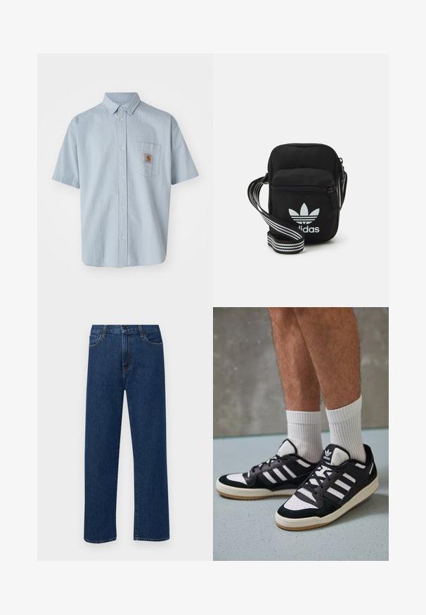 Lichtblauw overhemd met korte mouwen, knopenfront, een gestructureerd patroon, één borstzak en een vierkante Carhartt logopatch op de zak.; Donkerblauwe rechte denim jeans met frontzakken en een knoopsluiting, weergegeven op een effen witte achtergrond.; Zwart-witte sneakers met een bovenwerk van suede en leer, voorzien van drie witte strepen, een geperforeerde neus en een rubberen gumzool.; Zwarte stoffen schoudertas met een ritssluiting, voorzien van een wit Adidas-logo en een gestreepte, verstelbare schouderband voor gemakkelijk dragen.