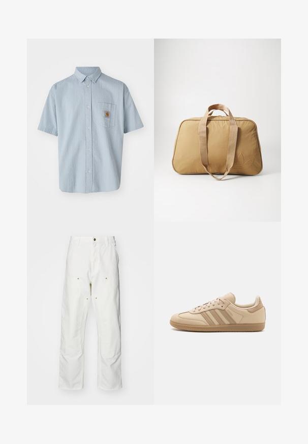Helles blaues kurzärmeliges Hemd mit Knöpfen, strukturiertem Muster, einer einzelnen Brusttasche und einem quadratischen Carhartt-Logo-Patch auf der Tasche.; Weiße Baumwoll-Cargohose mit lockerer Passform. Zu den Merkmalen gehören Fronttaschen, goldfarbene Hardware-Akzente und verstärkte Kniebereiche.; Beige Ledersneaker mit drei horizontalen Streifen, runder Zehenform, flacher brauner Gummisohle und weichem Stofffutter am Kragen und der Zunge.; Tasche aus braunem Stoff mit zwei Tragegriffen, glatter Textur, Reißverschluss, ovaler Form und einem dezenten, geprägten Logo auf einer Seite.