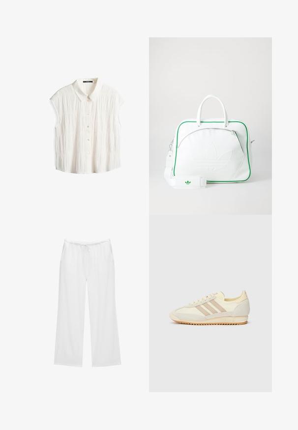 Blusa bianca a maniche corte con colletto, caratterizzata da un motivo a pieghe texturizzato e chiusura frontale con bottoni.; Pantaloni bianchi a gamba larga realizzati in un tessuto morbido, con vita elastica dotata di cordino e due tasche laterali. Design semplice e pulito.; Sneaker sportivo crema con tre strisce beige, materiali in suede e tessuto, suola testurizzata e logo in rilievo sul tallone.; Borsa in pelle bianca con rifiniture verdi, caratterizzata da un logo goffrato prominente, doppi manici, una tracolla removibile e una tasca frontale con zip.