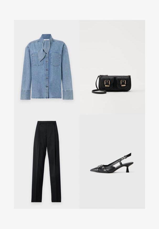 Light blue denim shirt with long sleeves, two chest pockets, button closure, and a matching scarf detail at the collar.; Black trousers made from smooth fabric featuring a high waist, wide legs, front pleats, and classic belt loops. No side pockets visible.; Black leather slingback shoe with a pointed toe, decorative straps featuring metal eyelets, and a low block heel. Textured surface.; Black leather crossbody bag with two front pockets, gold buckles, zipper closure, and a slim strap. Textured surface and compact rectangular shape.