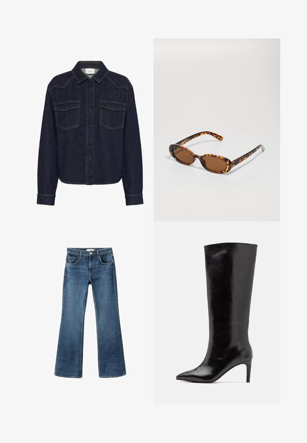 Giacca in denim scuro con collo, chiusura frontale a bottoni, due tasche sul petto e maniche lunghe. Cuciture a contrasto in tutto il capo.; T-shirt bianco a maniche corte realizzato in cotone. Presenta un collo tondo e una vestibilità rilassata. Texture liscia senza motivi o dettagli visibili.; Jeans in denim blu a gamba svasata con vita a media altezza, cinque tasche e texture consumata. Orli rifiniti e chiusura con bottone classica.; Call it Spring RHODDE - Stivali con i tacchi - black; Occhiali da sole tartaruga con montatura ovale, lenti marroni e astine nere sottili con accenti di pattern discreti.