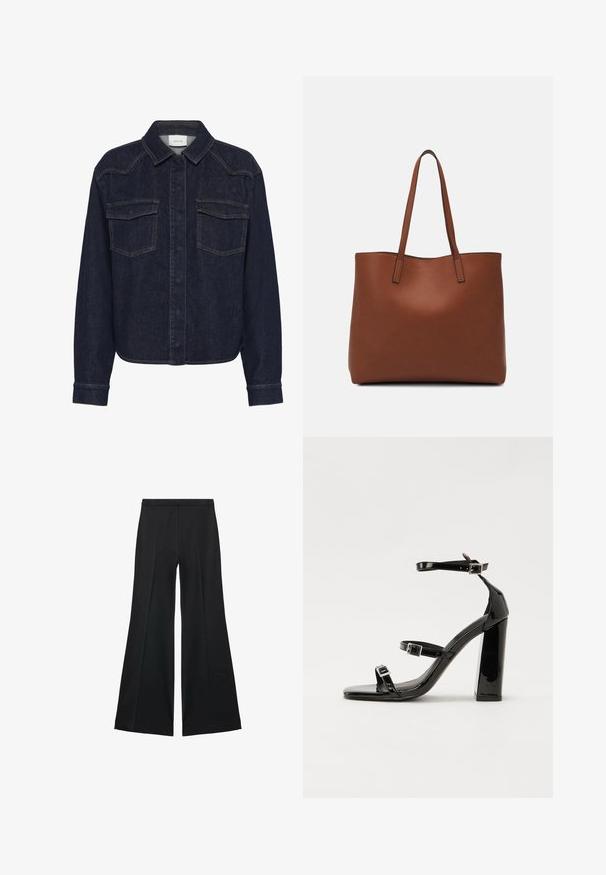 Dunkelblaue Jeansjacke mit Kragen, knopflosem Frontverschluss, zwei Brusttaschen und langen Ärmeln. Kontrastnähte überall.; Schwarze weit geschnittene Hose mit glatter Textur, ausgestattet mit Frontfalten und einem taillierten Design. Der Stoff ist leicht und fließend.; Schwarze patentierte Sandalen mit Absatz, quadratischer Spitze, Knöchelriemen und silbernen Schnallen. Mit einem stabilen Blockabsatz für mehr Stabilität.; Braune Leder-Tote mit glatter Textur, offenem Oberteil und zwei Schulterriemen. Verfügt über minimale Nähte und keine sichtbaren Beschläge.