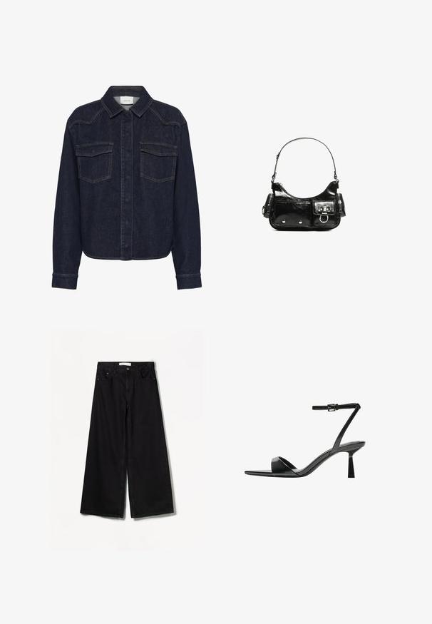 Jachetă din denim închis, cu guler, închidere cu nasturi pe față, două buzunare la piept și mâneci lungi. Cusături contrastante pe toată suprafața.; Bershka WIDE-LEG - Wide leg - black; Bershka Sandale cu toc - black; Geantă de mână din piele lăcuită neagră, cu o formă curbată, un umăr, buzunare frontale și accente din metal argintiu.