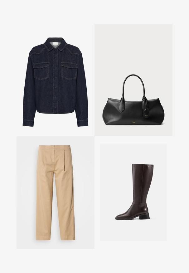 Tumši denima jaka ar apkakles izgriezumu, pogu aizdari priekšpusē, divām krūšu kabatām un garām piedurknēm. Kontrastējoša šūšana visā jaku.; Bežīgas kokvilnas bikses ar brīvu piegriezumu, ar divām priekšējām krokām, taisnu kāju un klasisku pogu aizdari jostasvietā.; Ceļa augstuma brūni ādas zābaki ar gludu apdari, noapaļota purngala un melnu žurnālā. Vienkāršs dizains ar minimālām detaļām.; Melnas ādas rokassoma ar gludu tekstūru, noapaļu formu, divām rokturēm un pievienotu mazu birci. Uz priekšpuses ir izsmalcināts zīmola logos zeltainā krāsā.