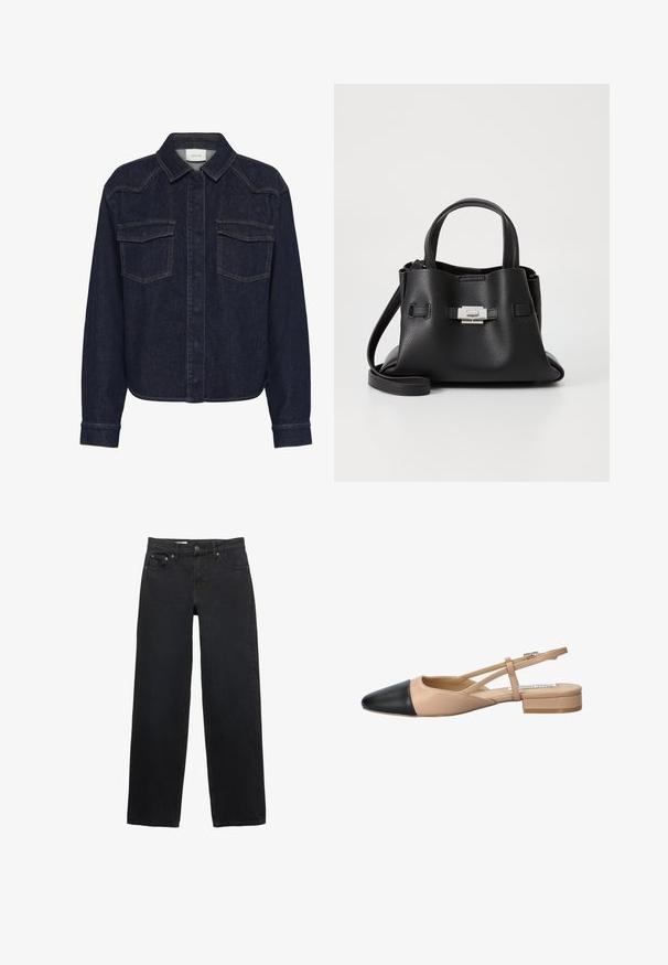 Tmavomodrá džínová bunda s golierom, zapínaním na gombíky, dvoma náprsními vreckami a dlhými rukávmi. S kontrastným šitím po celom obvode.; Čierne široké džínsy vyrobené z denimového materiálu, s piatimi vreckami, zatvorením na gombík, jemným prešívaním a rovnom strihom od pásu po lem.; Bežovo-čierne dvojfarebné slingback topánky s špicatou špičkou, plochým podpätkom a prekríženými detailmi remienkov. Hladká kožená textúra.; Čierna kožená kabelka s textúrovaným povrchom, ktorá má dve vrchné rukoväte, odnímateľný popruh cez rameno a strieborný uzáver.