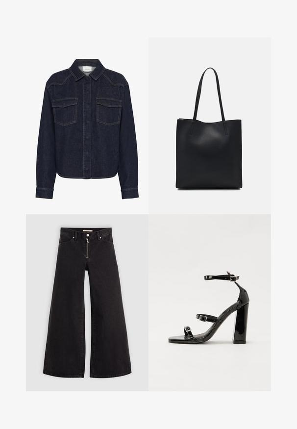 Tumši denima jaka ar apkakles izgriezumu, pogu aizdari priekšpusē, divām krūšu kabatām un garām piedurknēm. Kontrastējoša šūšana visā jaku.; Platas kājas džinsi melnā džinsa audumā ar rāvējslēdzēju priekšā, piecu kabatu dizains un smalkas šuvju detaļas. Gluda tekstūra un ikdienišķs stils.; Melnas lakotas augstpapēžu čības ar kvadrāta purngalu, potīšu siksniņām un sudraba sprādzēm. Aprīkotas ar masīvu bloku papēdi stabilitātei.; Melnas ādas somiņa ar gludu tekstūru, taisnstūra formu un divām garām rokturiem. Nav redzamu aparatūras vai rotājumu.