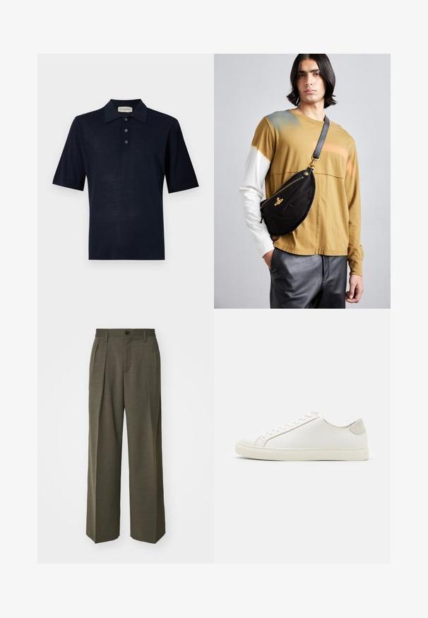 Sötétkék pólóing puha anyagból, klasszikus gallérral, három gombos kivitelben és rövid ujjal. Simaság, minimális dizájn.; Szürke, rövid ujjú póló, puha, texturált anyagból készült. Klasszikus környakú és egyenes fazonú, alkalmas hétköznapi viseletre.; Filippa K WIDE TROUSERS - Nadrágok - driftwood; Fehér bőr sneaker sima felülettel, kerek orral és minimalista dizájnnal. Bézs kiemelésekkel a sarokon és gumitalppal rendelkezik.; Vivienne Westwood CITY BUMBAG UNISEX - Övtáska - black
