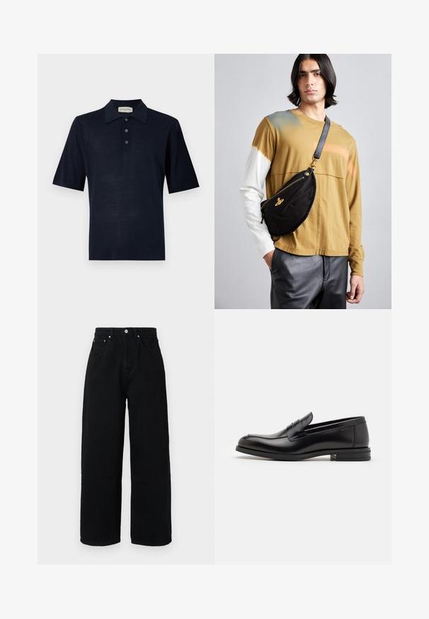 Námořnická modrá polo košile vyrobená z měkké tkaniny, s klasickým límečkem, třemi knoflíky a krátkými rukávy. Hladká textura, minimalistický design.; Černé široké kalhoty z bavlny, se zvýšeným pasem, předními kapsami, stříbrným knoflíkem a čistým lemem.; Černé kožené polobotky s hladkou texturou, zaoblenou špičkou a zdobným páskem přes nárt. Nízký stohovaný podpatek, minimalistický design.; Vivienne Westwood CITY BUMBAG UNISEX - Ledvinka - black