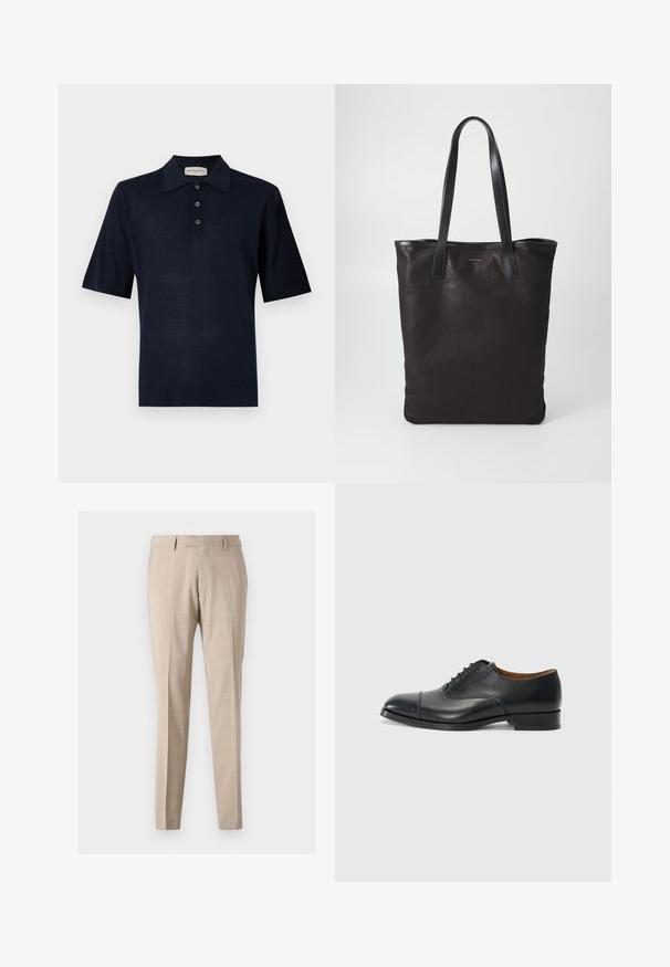 Sötétkék pólóing puha anyagból, klasszikus gallérral, három gombos kivitelben és rövid ujjal. Simaság, minimális dizájn.; Beige, szűkített szabású nadrág, könnyű anyagból készült, elöl redőkkel, két oldalsó zsebből és sima textúrából áll.; Fekete bőr dress cipő sima felülettel, lekerekített orral, öt fűzőlyukkal és alacsony blokksarkal. Minimalista dizájn, finom varrásokkal.; Fekete vászontáska fekete bőr füllel. Egyszerű dizájn, tágas test és sima textúra. Nincsenek látható logók vagy minták.