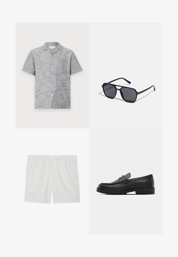 Korte ermer grå skjorte med knapper laget av teksturert stoff, med krage og liten frontlomme. Har lyse knapper.; Hvite bomullsshorts med elastisk midje og snor, med to sidelommer og rene linjer, som tilbyr et enkelt design.; Sorte lærloafere med rund tå, med en syddesign, lav plattformsåle og en teksturert, ruggede gummisåle.; Sorte solbriller med ottekantet ramme, mørke linser, blank finish, tynde stænger og guld accenter på fronten.