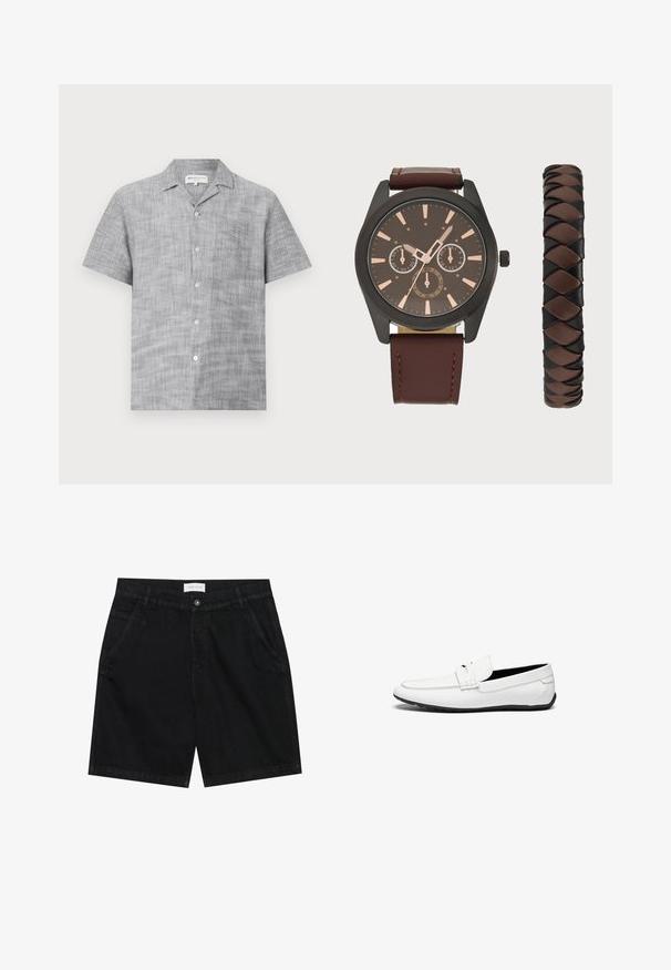 Camisa cinza de botão de manga curta feita de um tecido texturizado, com colarinho e um pequeno bolso frontal. Apresenta botões leves.; Calções de ganga pretos com um ajuste clássico, apresentando dois bolsos frontais, um fecho de botão e uma etiqueta na cintura. Tecido texturizado.; Mocassins brancos em couro com um acabamento suave, apresentando um detalhe costurado, um bico arredondado e uma sola de borracha preta para melhor aderência.; Pier One SET - Relógio - black/brown